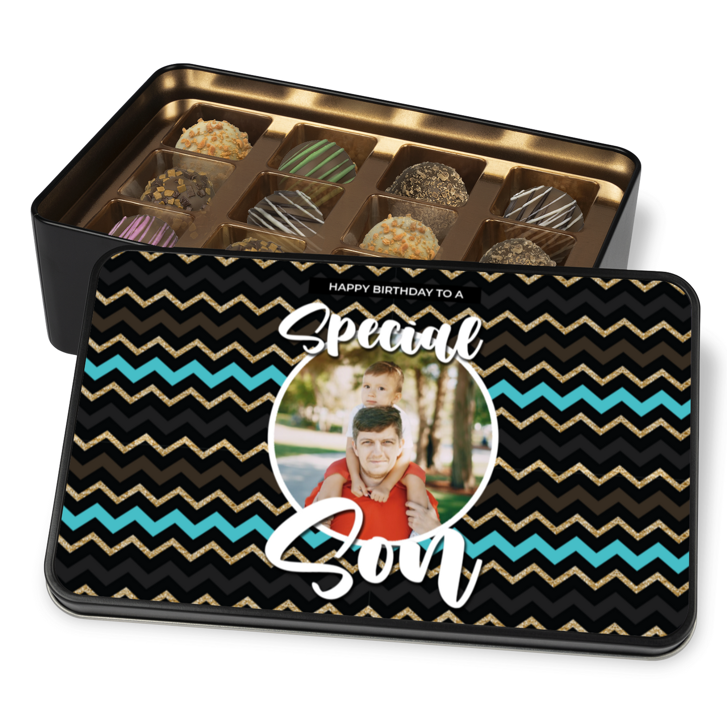 Happy Birthday Keepsake Tin Of 12 Luxury Handmade Chocolates With Personalized Photo Upload