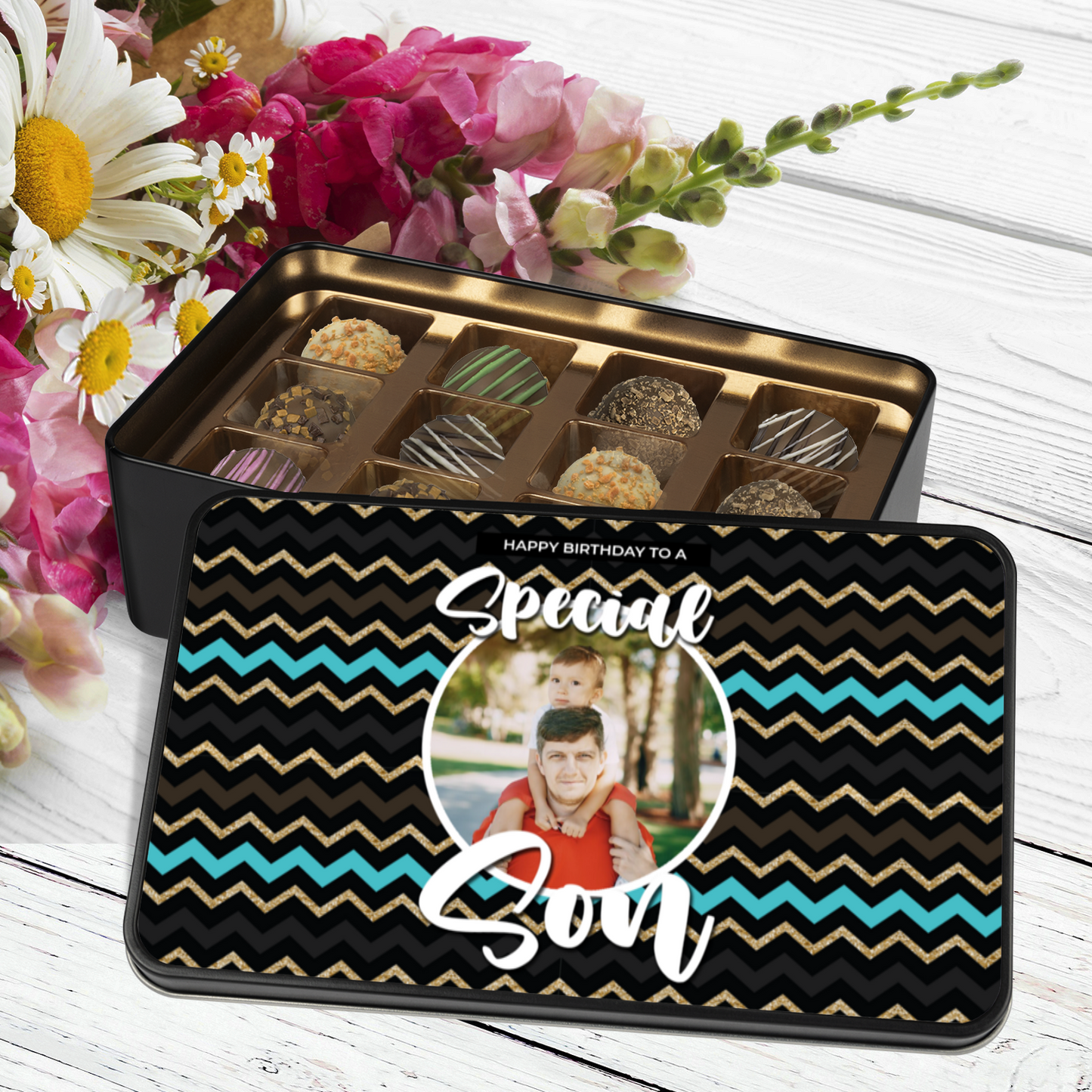 Happy Birthday Keepsake Tin Of 12 Luxury Handmade Chocolates With Personalized Photo Upload