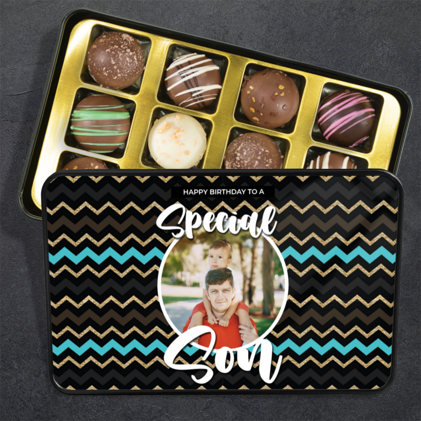 Happy Birthday Keepsake Tin Of 12 Luxury Handmade Chocolates With Personalized Photo Upload