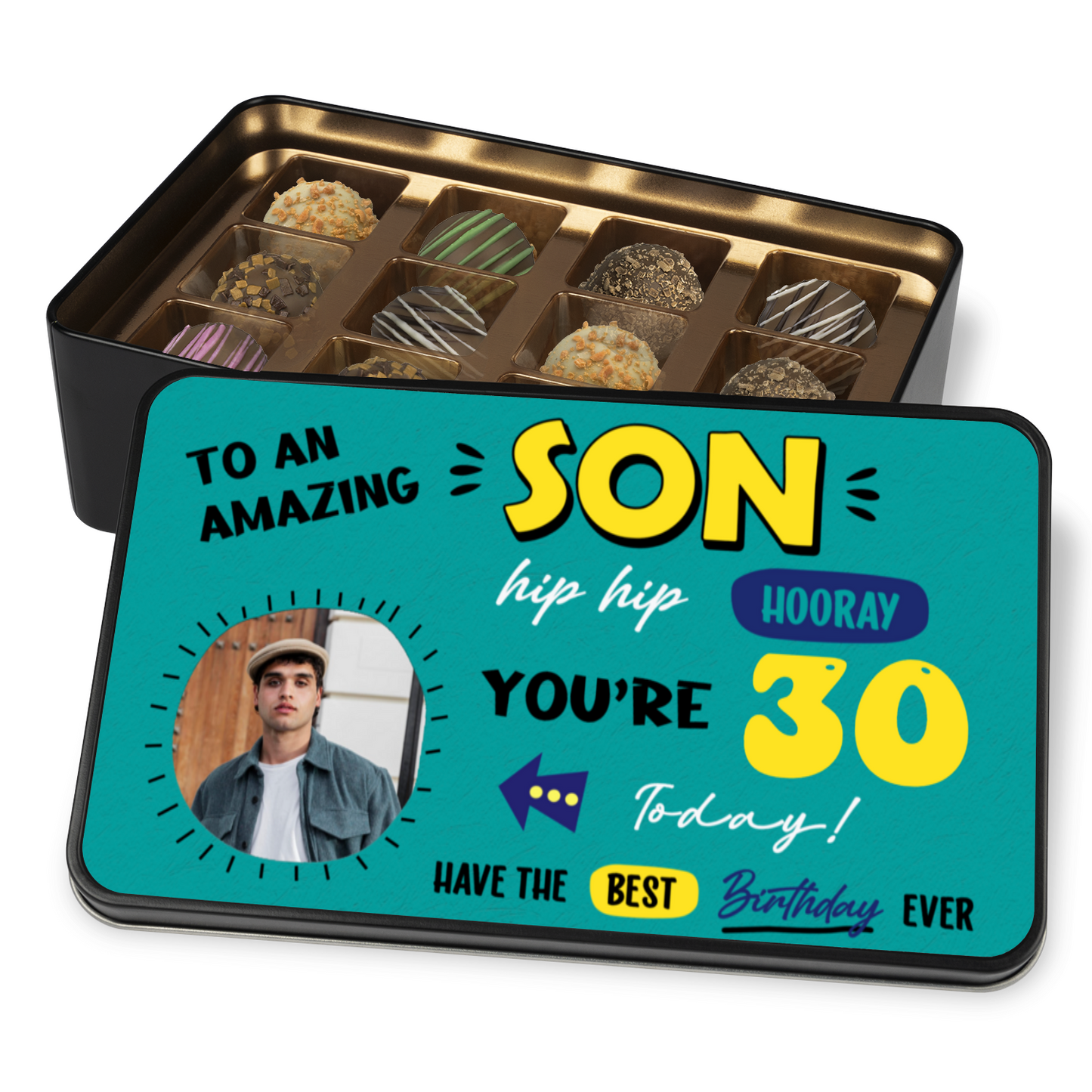 To An Amazing Son Keepsake Tin Of 12 Luxury Handmade Chocolates With Personalized Photo Upload & Age