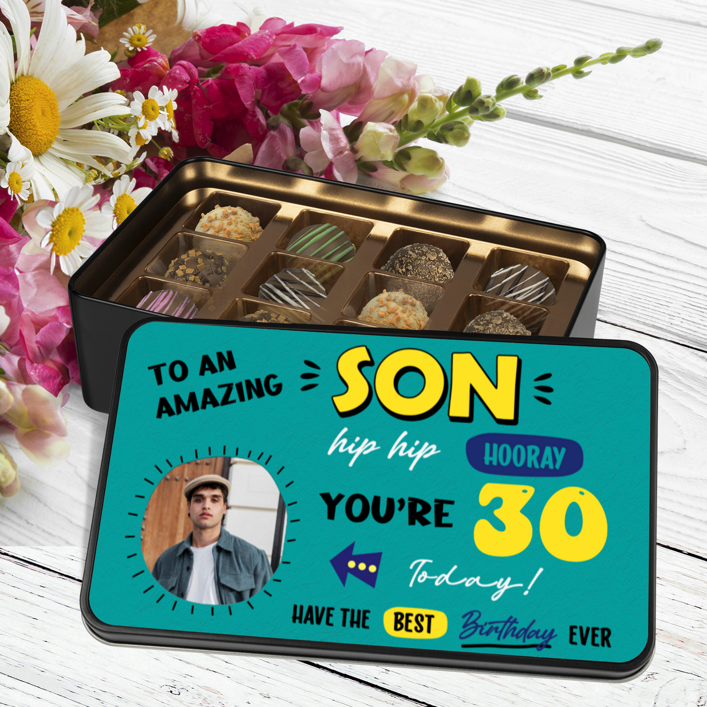 To An Amazing Son Keepsake Tin Of 12 Luxury Handmade Chocolates With Personalized Photo Upload & Age