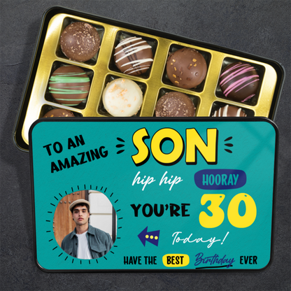 To An Amazing Son Keepsake Tin Of 12 Luxury Handmade Chocolates With Personalized Photo Upload & Age