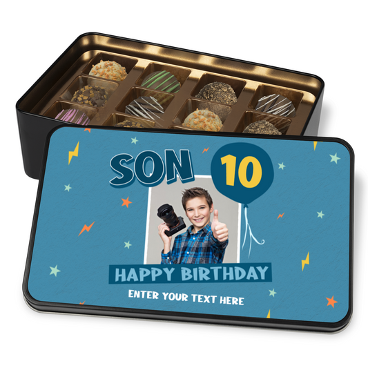 Son Happy Birthday Keepsake Tin Of 12 Luxury Handmade Chocolates With Personalized Text Photo Upload & Age