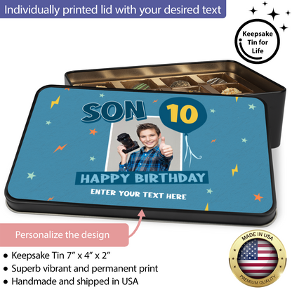 Son Happy Birthday Keepsake Tin Of 12 Luxury Handmade Chocolates With Personalized Text Photo Upload & Age