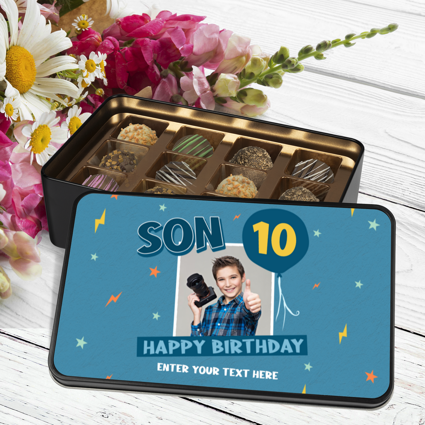 Son Happy Birthday Keepsake Tin Of 12 Luxury Handmade Chocolates With Personalized Text Photo Upload & Age