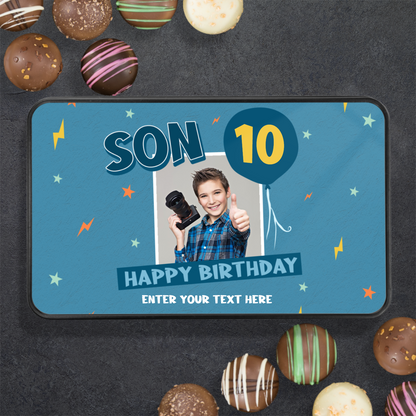 Son Happy Birthday Keepsake Tin Of 12 Luxury Handmade Chocolates With Personalized Text Photo Upload & Age