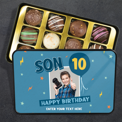 Son Happy Birthday Keepsake Tin Of 12 Luxury Handmade Chocolates With Personalized Text Photo Upload & Age