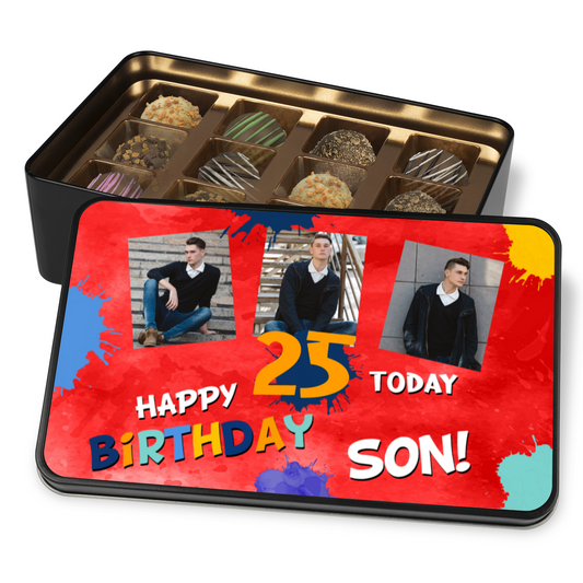 Happy Birthday Keepsake Tin Of 12 Luxury Handmade Chocolates With Personalized Photo Upload & Age