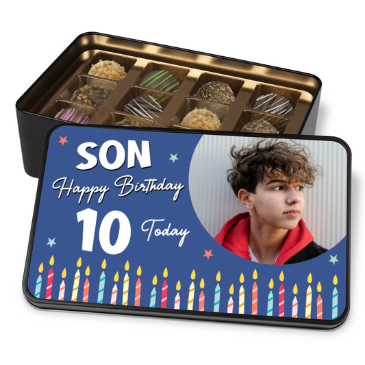 Son Happy Birthday Keepsake Tin Of 12 Luxury Handmade Chocolates With Personalized Photo Upload & Age