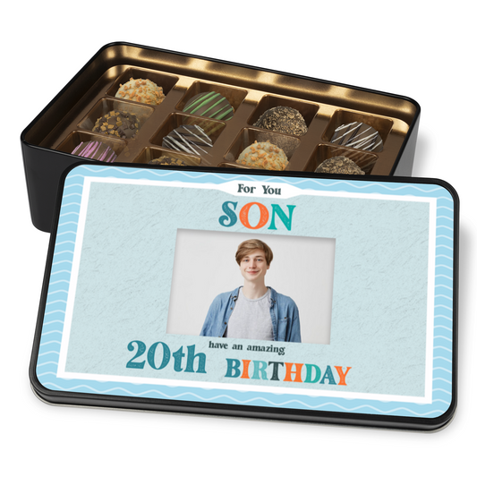 For You Son Keepsake Tin Of 12 Luxury Handmade Chocolates With Personalized Photo Upload & Age