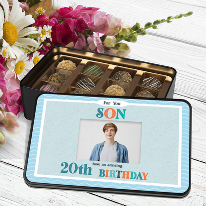 For You Son Keepsake Tin Of 12 Luxury Handmade Chocolates With Personalized Photo Upload & Age