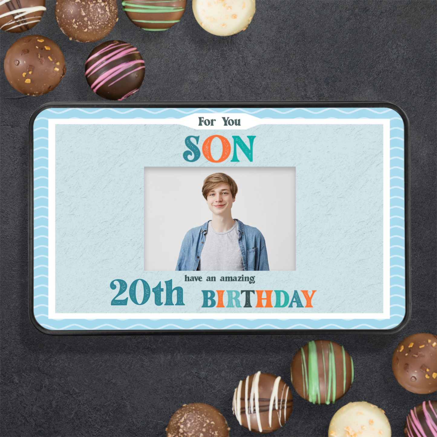 For You Son Keepsake Tin Of 12 Luxury Handmade Chocolates With Personalized Photo Upload & Age