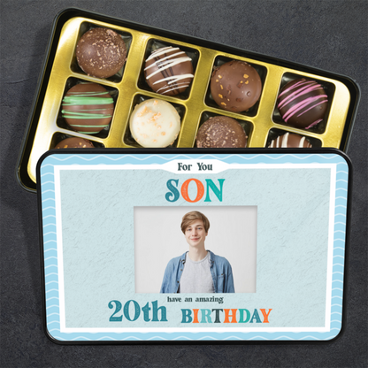 For You Son Keepsake Tin Of 12 Luxury Handmade Chocolates With Personalized Photo Upload & Age