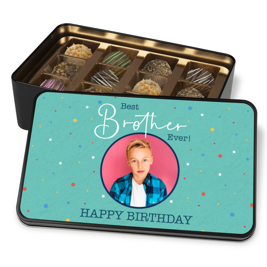 Best Brother Ever Keepsake Tin Of 12 Luxury Handmade Chocolates With Personalized Photo Upload