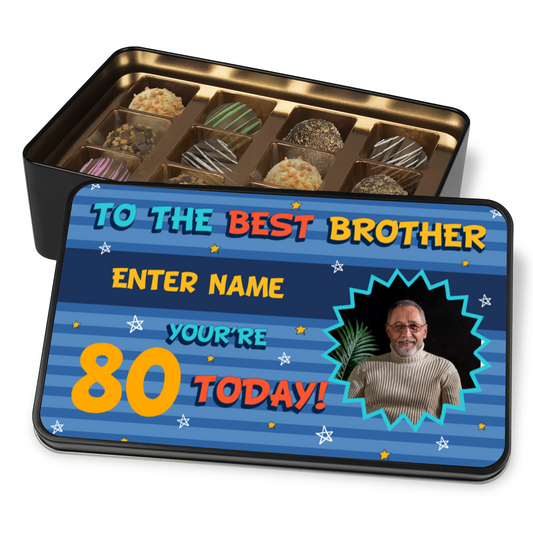 To The Best Brother Keepsake Tin Of 12 Luxury Handmade Chocolates With Personalized Text Photo Upload & Age