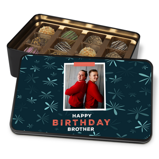 Happy Birthday Brother Keepsake Tin Of 12 Luxury Handmade Chocolates With Personalized Photo Upload