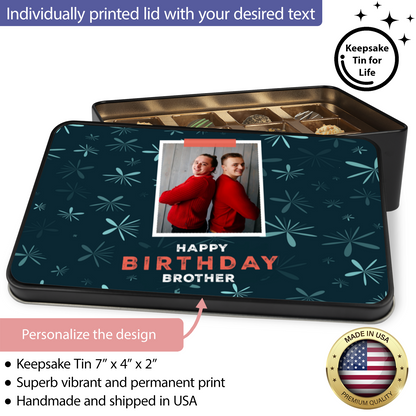 Happy Birthday Brother Keepsake Tin Of 12 Luxury Handmade Chocolates With Personalized Photo Upload