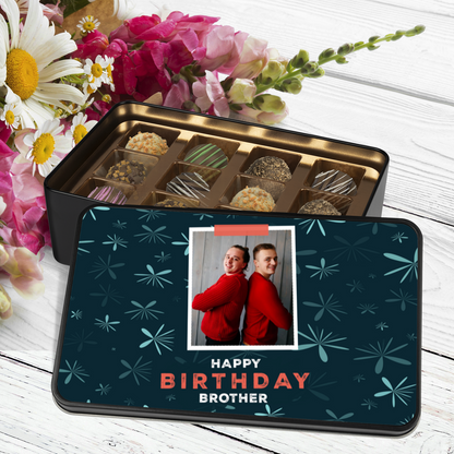 Happy Birthday Brother Keepsake Tin Of 12 Luxury Handmade Chocolates With Personalized Photo Upload