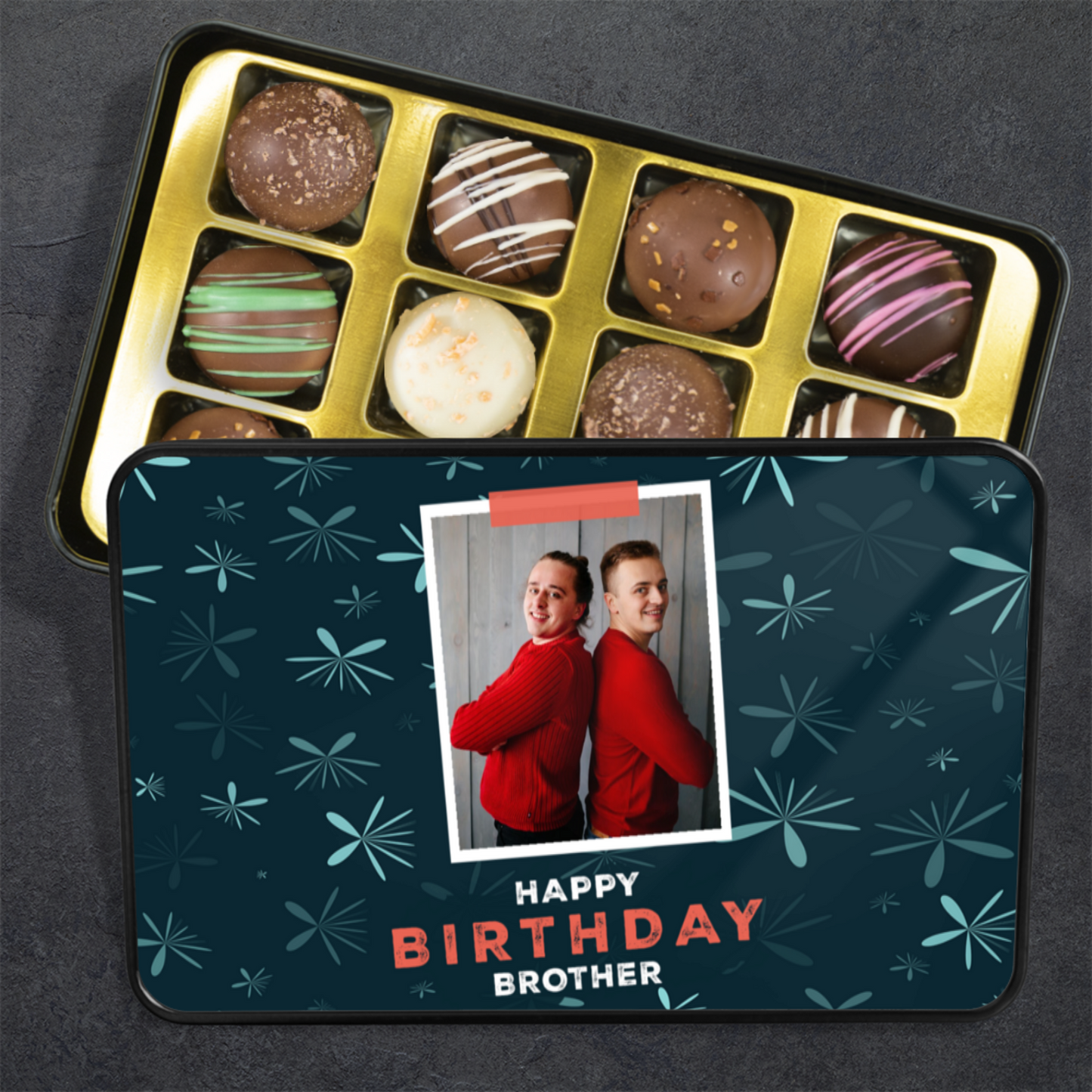 Happy Birthday Brother Keepsake Tin Of 12 Luxury Handmade Chocolates With Personalized Photo Upload