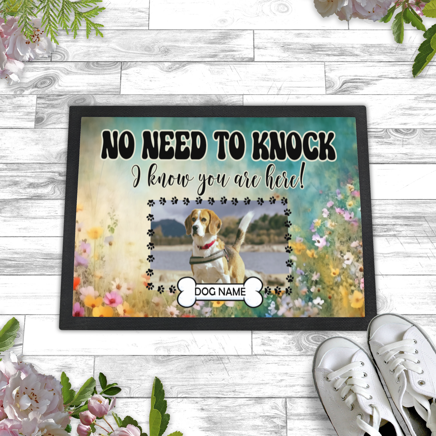 No Need To Knock I Know You Are Here  Wildflower Design With  Dogs Name & Photo Upload