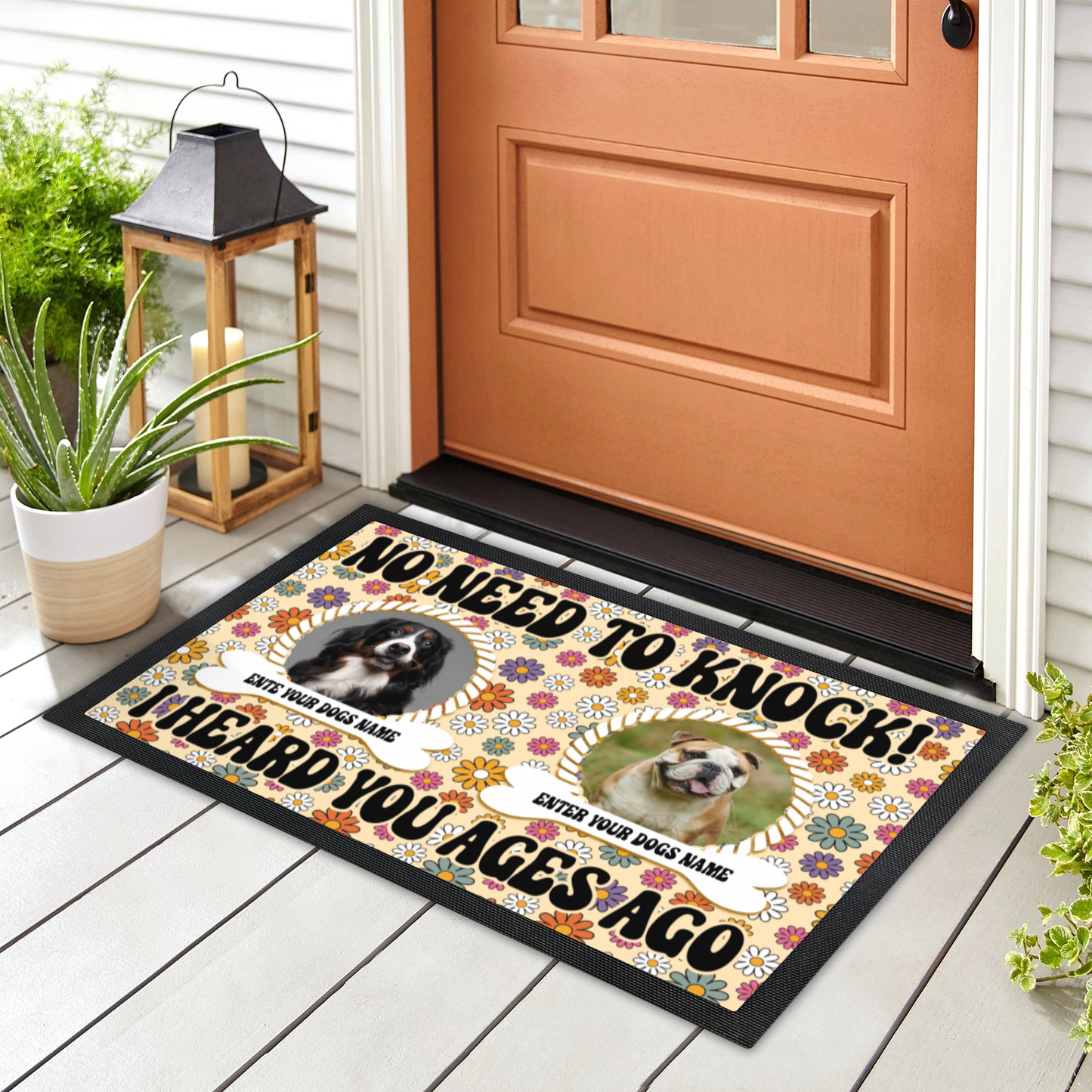 No Need To Knock We Know You Are Here Floral  Retro Design With 2 Dogs Names & Photo Upload