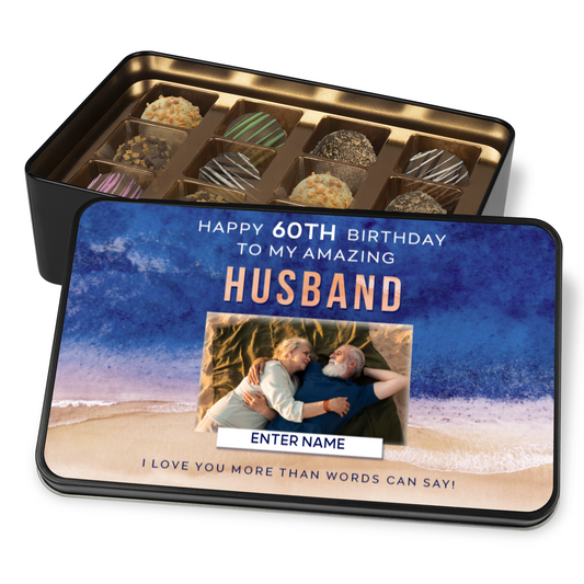 Happy Birthday Keepsake Tin Of 12 Luxury Handmade Chocolates With Personalized Text Photo Upload & Age