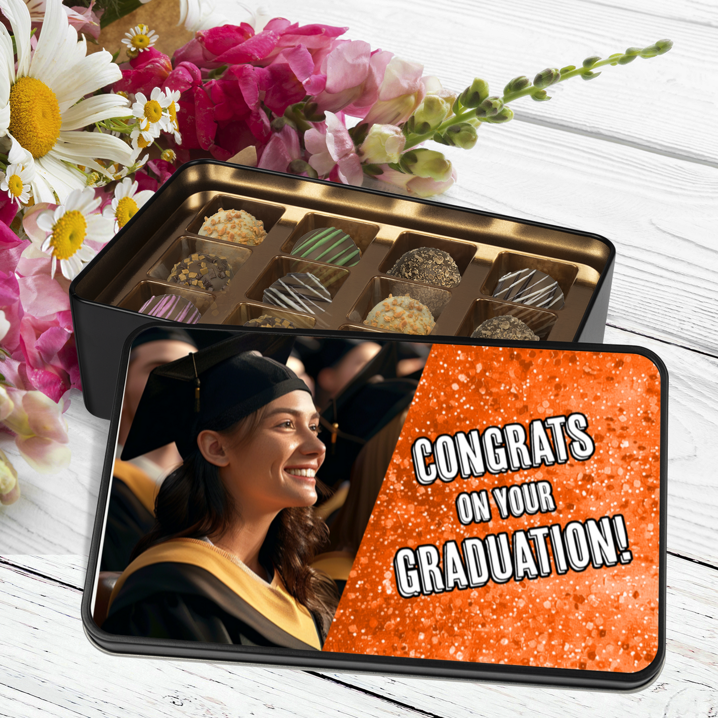 Congrats On Your Graduation Orange Tin Of Handmade Truffles