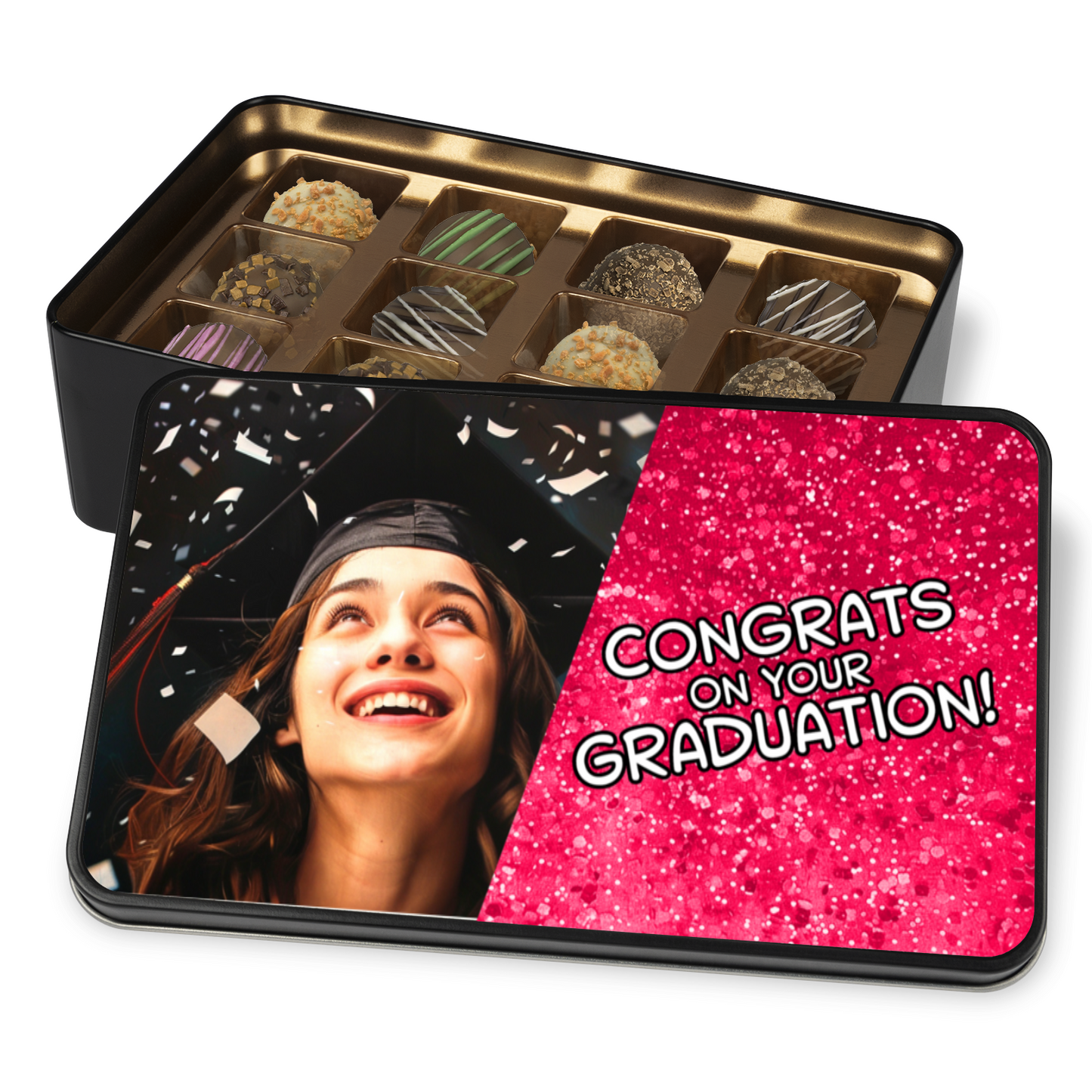 Congrats On Your Graduation Pink Tin Of Handmade Truffles