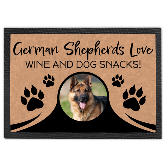 German Shepherds Love Wine & Dog Snacks Personalized Doormat With Photo Upload