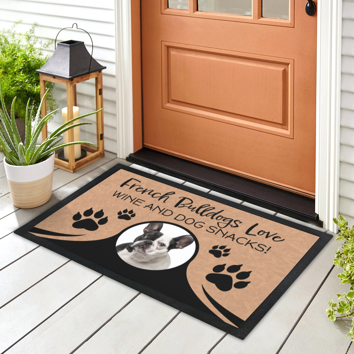 French Bulldogs Love Wine & Dog Snacks Personalized Doormat With Photo Upload