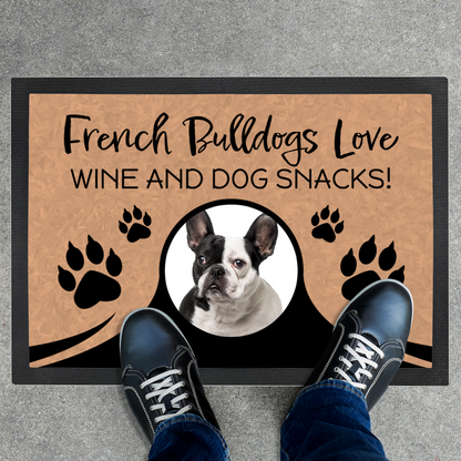 French Bulldogs Love Wine & Dog Snacks Personalized Doormat With Photo Upload