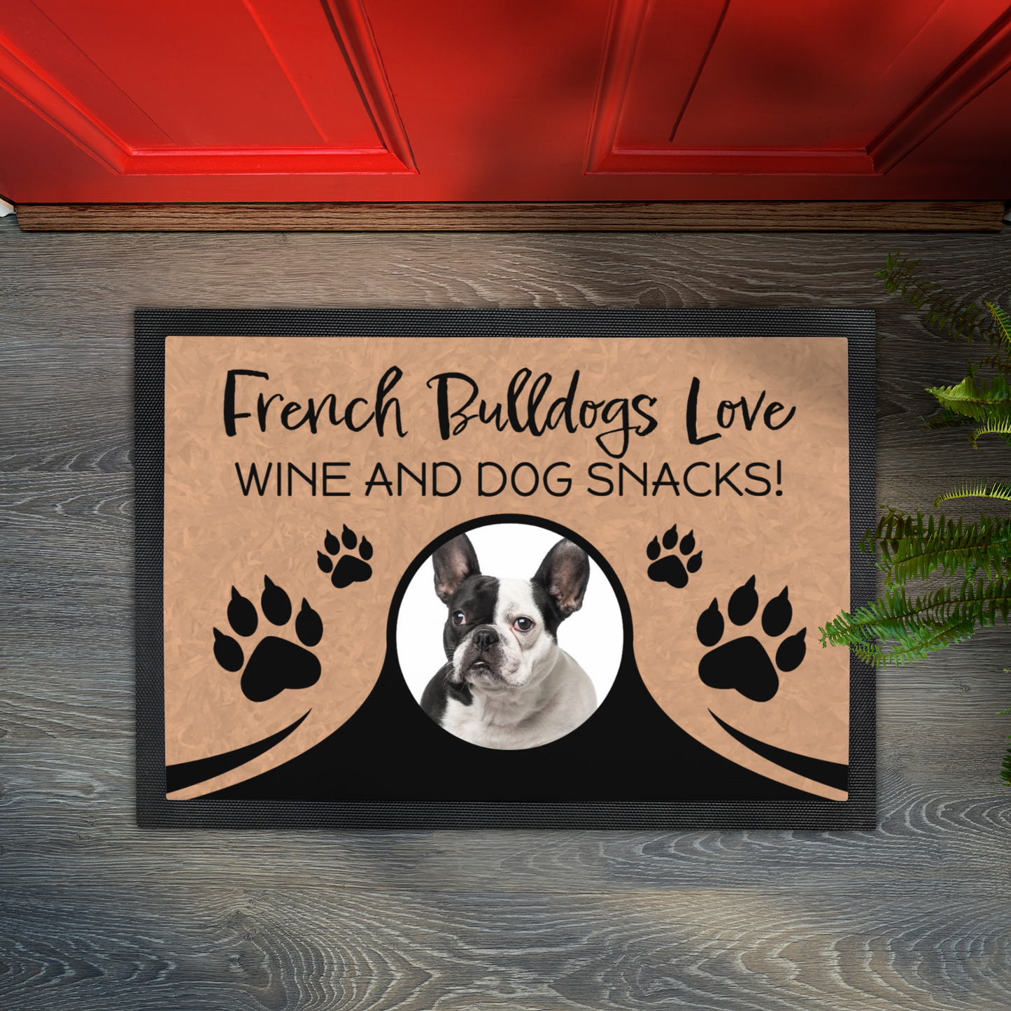 French Bulldogs Love Wine & Dog Snacks Personalized Doormat With Photo Upload