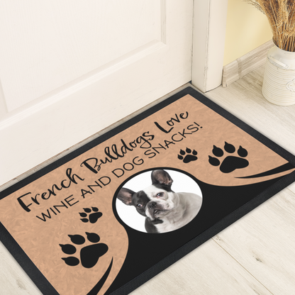 French Bulldogs Love Wine & Dog Snacks Personalized Doormat With Photo Upload