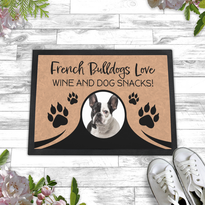 French Bulldogs Love Wine & Dog Snacks Personalized Doormat With Photo Upload