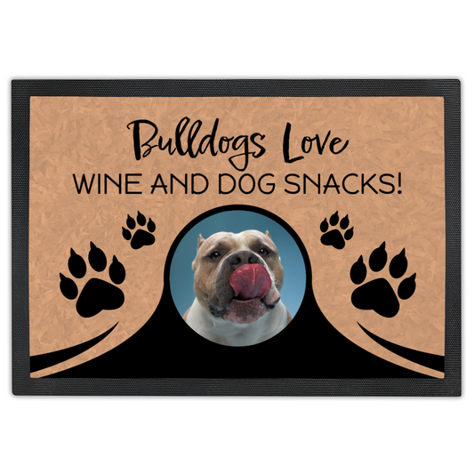 Bulldogs Love Wine & Dog Snacks Personalized Doormat With Photo Upload