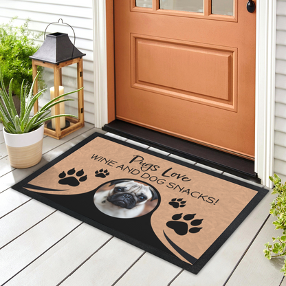 Pugs Love Wine & Dog Snacks Personalized Doormat With Photo Upload