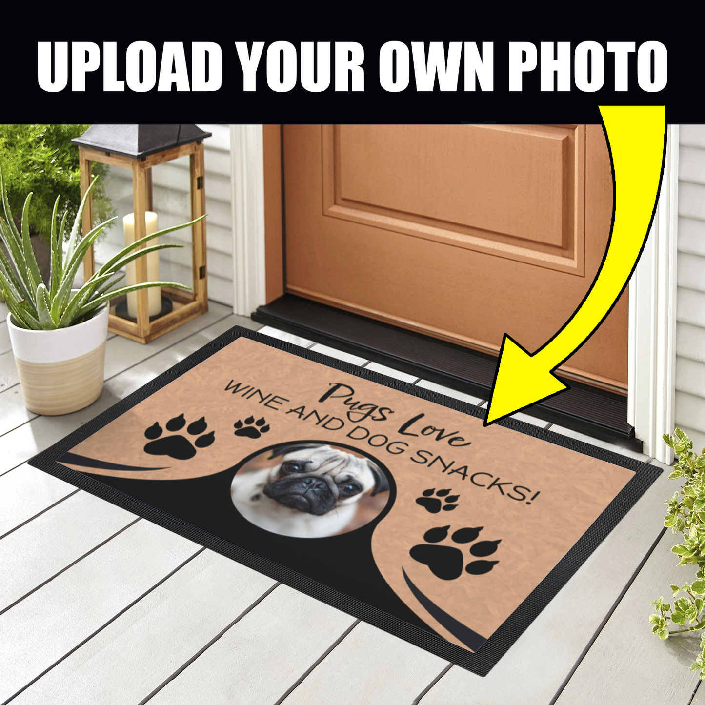 Pugs Love Wine & Dog Snacks Personalized Doormat With Photo Upload