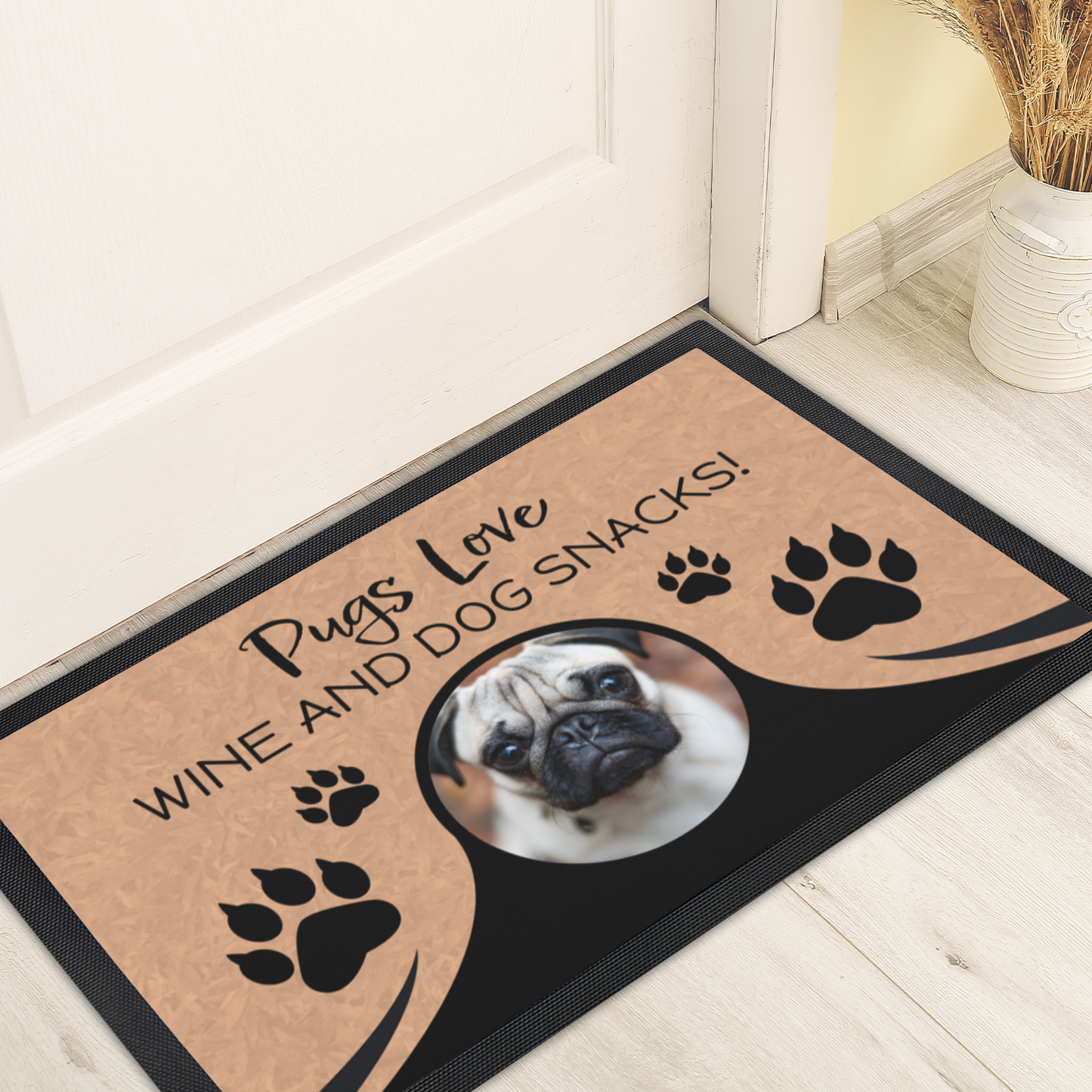 Pugs Love Wine & Dog Snacks Personalized Doormat With Photo Upload