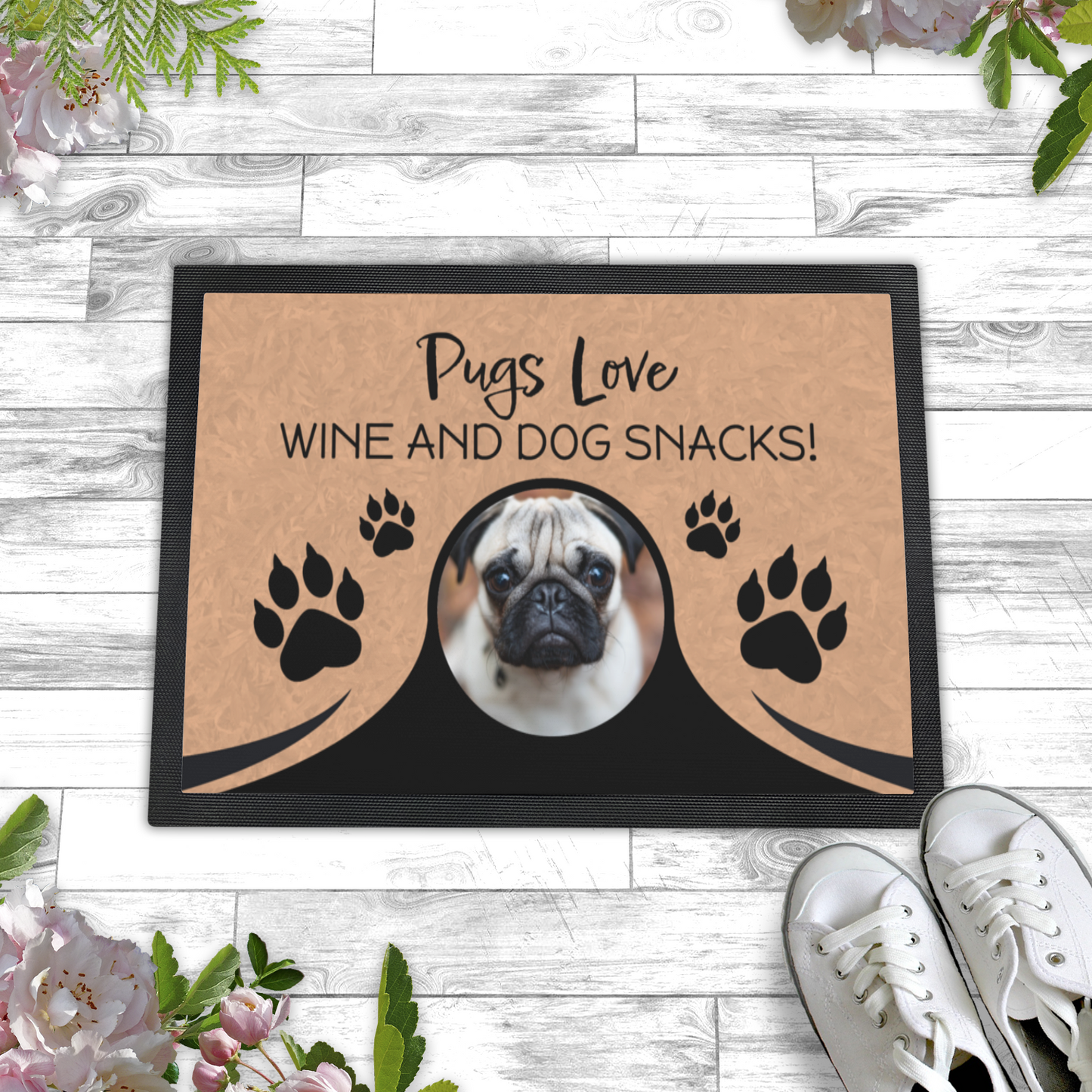 Pugs Love Wine & Dog Snacks Personalized Doormat With Photo Upload