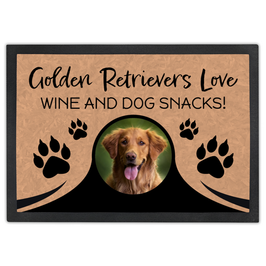 Golden Retrievers Love Wine & Dog Snacks Personalized Doormat With Photo Upload