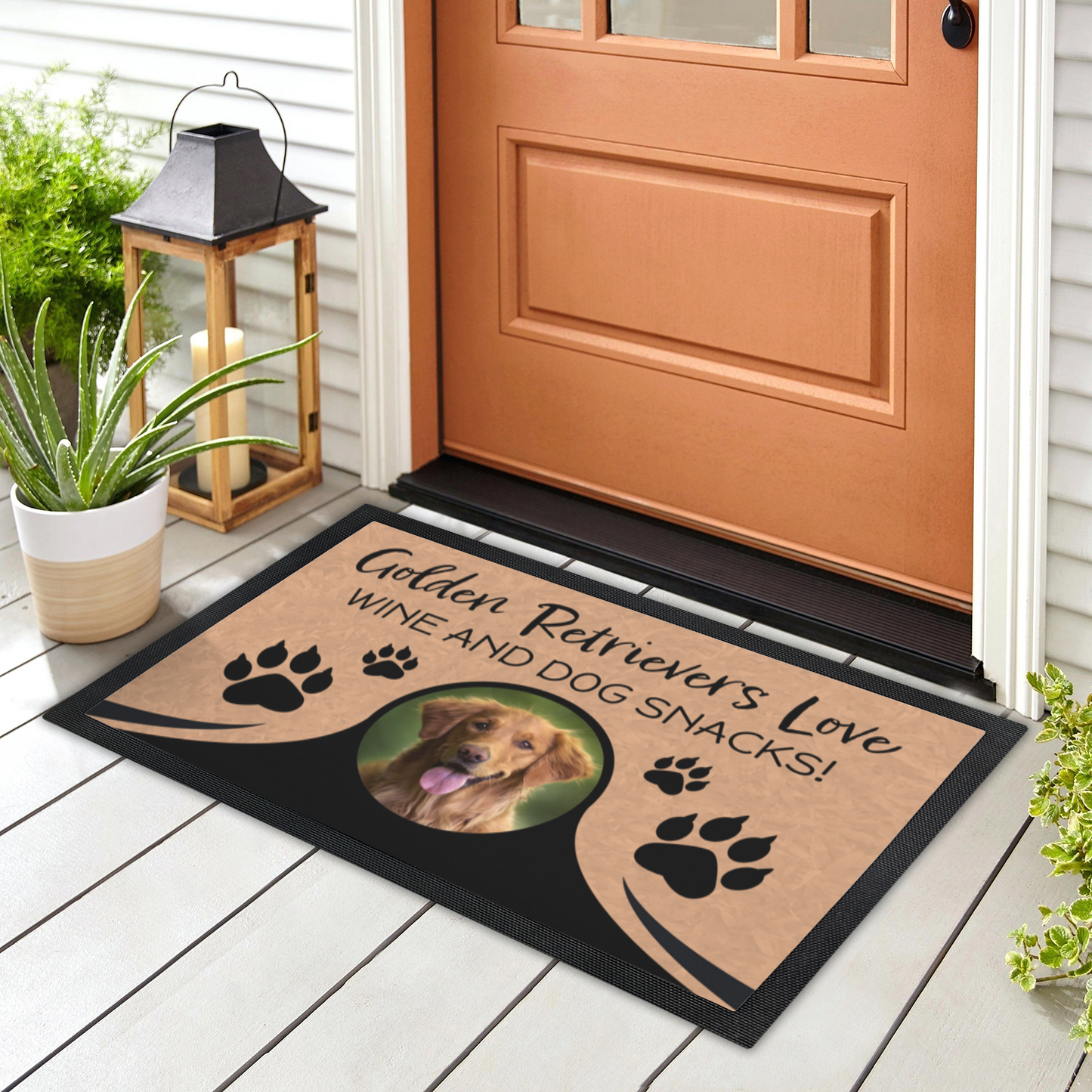 Golden Retrievers Love Wine & Dog Snacks Personalized Doormat With Photo Upload