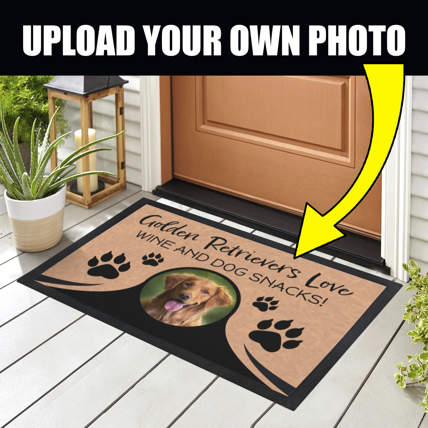 Golden Retrievers Love Wine & Dog Snacks Personalized Doormat With Photo Upload