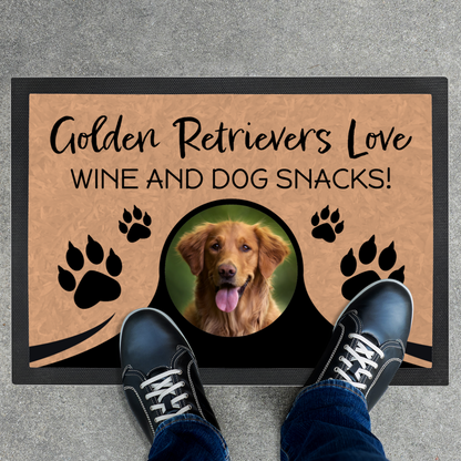 Golden Retrievers Love Wine & Dog Snacks Personalized Doormat With Photo Upload