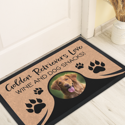 Golden Retrievers Love Wine & Dog Snacks Personalized Doormat With Photo Upload