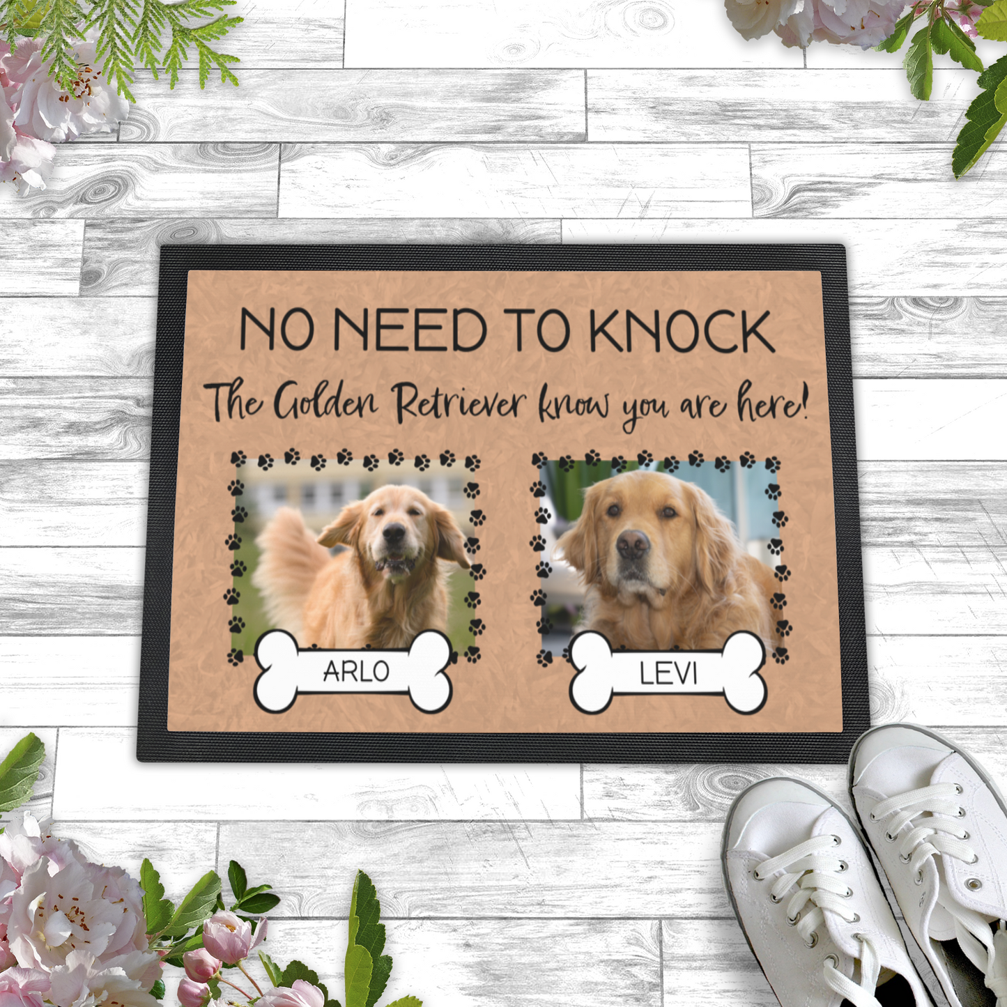 No Need To Knock These Golden Retrievers Know You Are Here With 2 Dogs Names & 2 Photo Uploads