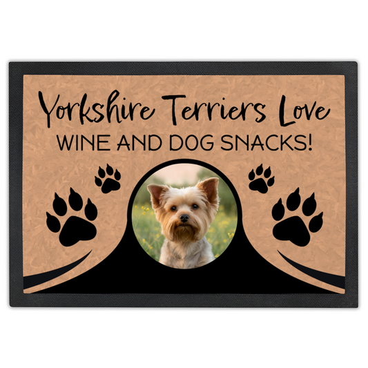 Yorkshire Terriers Love Wine & Dog Snacks Personalized Doormat With Photo Upload