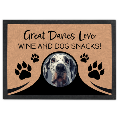 Great Danes Love Wine & Dog Snacks Personalized Doormat With Photo Upload