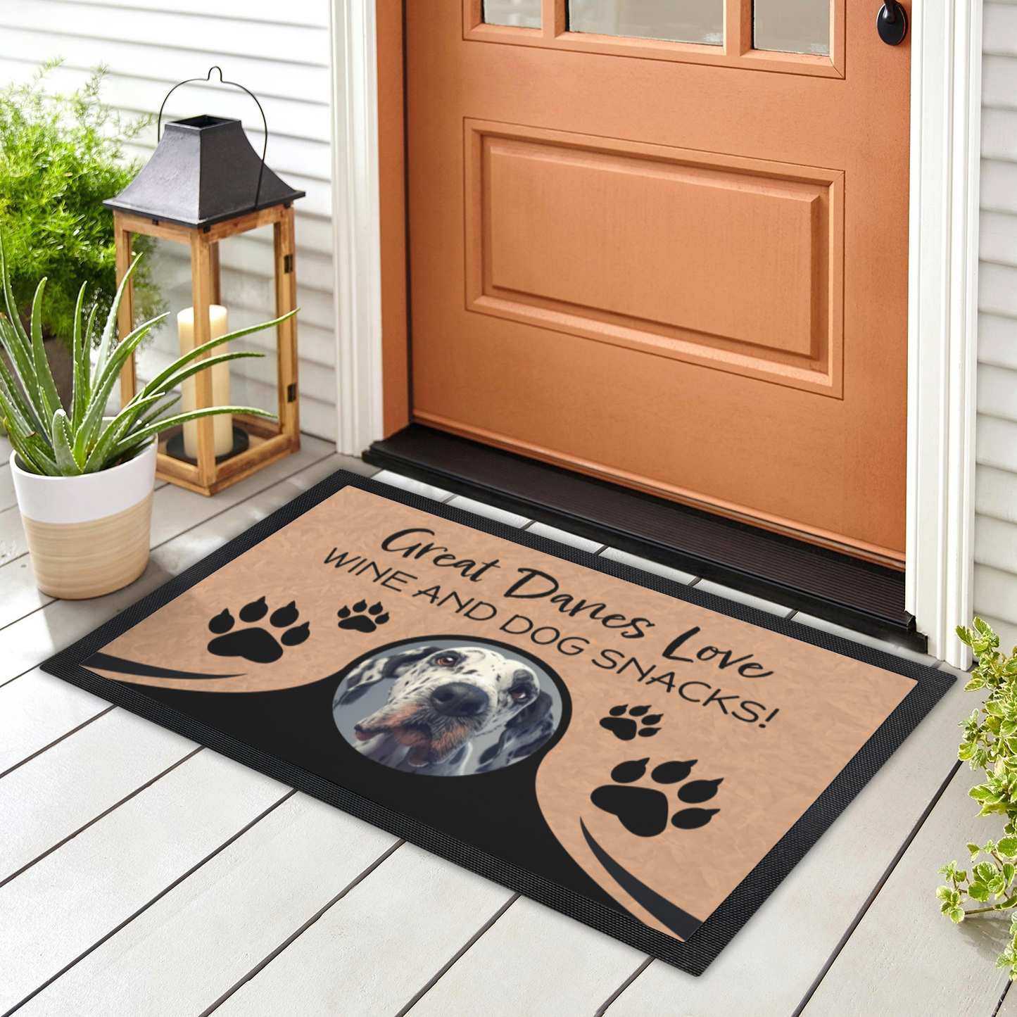 Great Danes Love Wine & Dog Snacks Personalized Doormat With Photo Upload