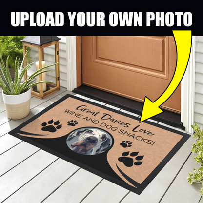 Great Danes Love Wine & Dog Snacks Personalized Doormat With Photo Upload