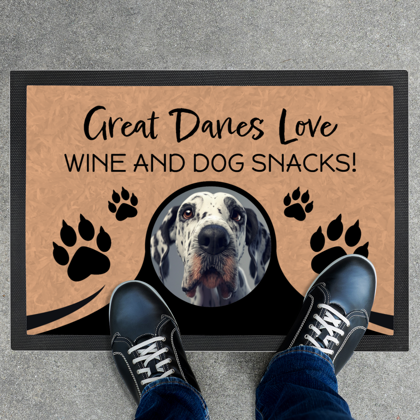 Great Danes Love Wine & Dog Snacks Personalized Doormat With Photo Upload